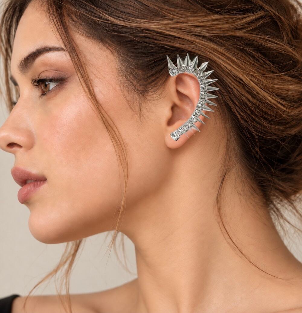 Silver Tone Spiked Rhinestone Ear Cuff Punk Glam Statement Earring